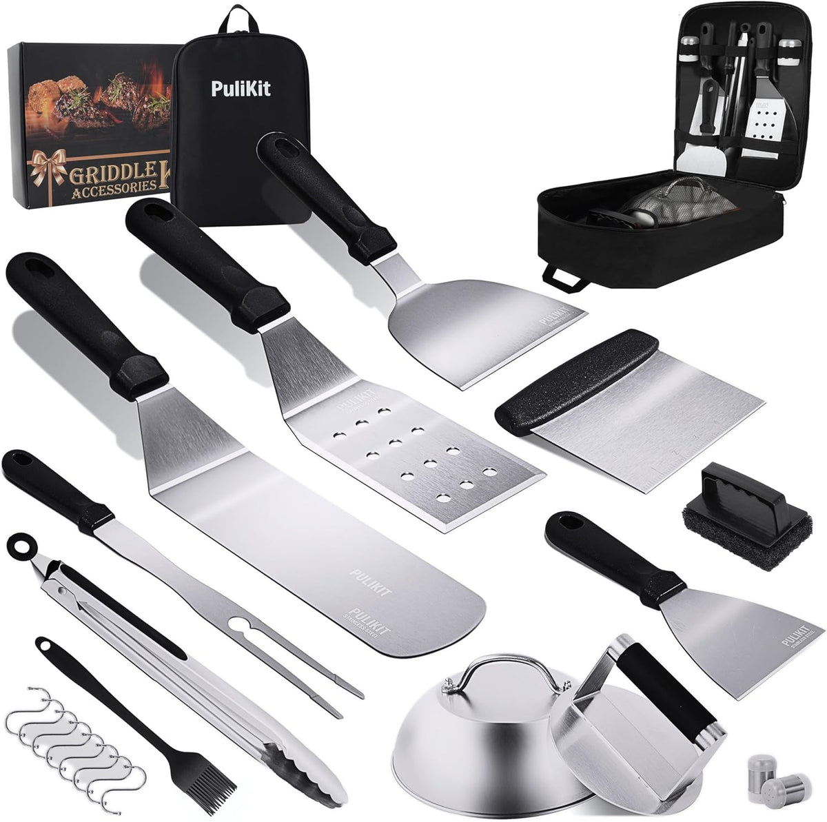 Griddle Accessories Kit for Blackstone Griddle- Stainless Steel Flat Top Grill Tools Set with Spatulas, Basting Cover & Carry Bag - Complete BBQ Cooking Kit for Outdoor, Backyard (Ideal Gift for Men)