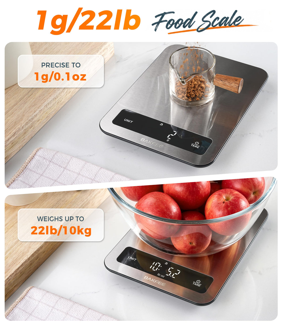 BakFee Waterproof Food Scale, 22lb Kitchen Scale, IP67, Rechargeable, Grey