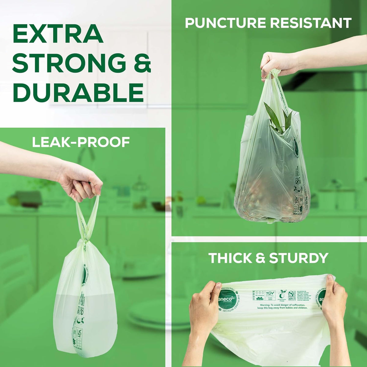 ANECO 100% Compostable Food Waste Bags 2.6 Gallon With Handles, Small Compost Bags for Countertop Bin, OK Compost HOME & BPI Certified Compostable Kitchen Food Waste Bag (45 Count)