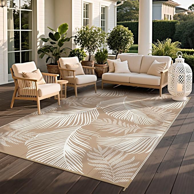 Pauwer Waterproof Outdoor Rug 5x8, Reversible Plastic Straw Patio Camping Rug, Indoor Outdoor RV Mat Carpet for Deck, Camper, Porch, Balcony, Backyard, Picnic, Leaf Brown