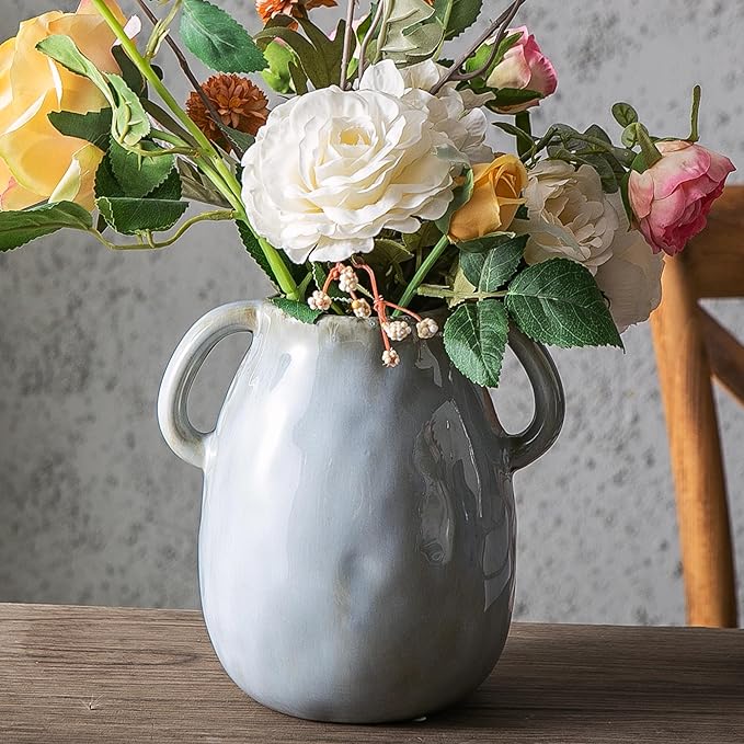 Kimdio Ceramic Vase with 2 Handles, Modern Farmhouse Grey Vase for Home Decor, Rustic Pottery Vase, Boho Decorative Terracotta for Flowers, Clay Pampas Grass Vases for Living Room Dining Table Shelves