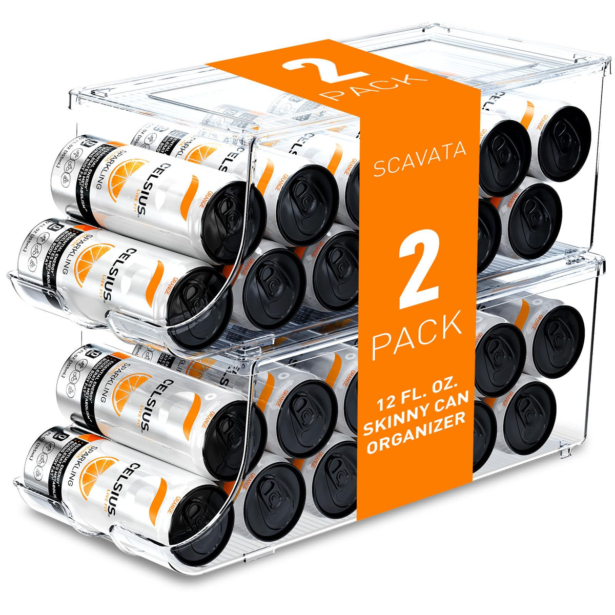SCAVATA 2 Pack Skinny Can Organizer for Refrigerator, Stackable Tall Skinny Soda Pop Can Holder Dispenser with Lid for Fridge Pantry Rack Freezer, Clear Plastic Storage Bins-Holds 12 Slim Cans Each