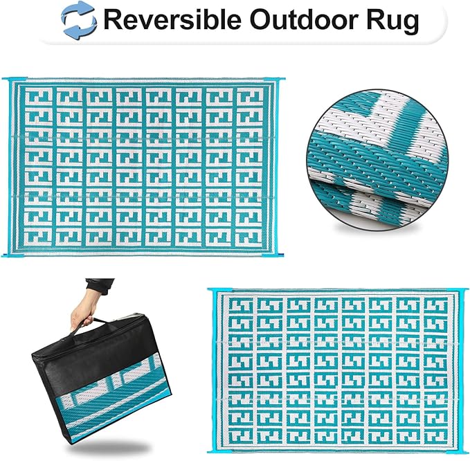OutdoorLines Outdoor Plastic Area Rugs for Patio 5x8 ft - Reversible Outside Carpet, Stain & UV Resistant RV Mats, Straw Rug for Camping, Deck Garden, Porch and Balcony, Geometry Teal & Light Grey
