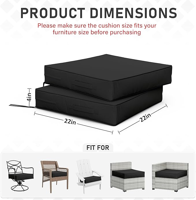 Patio Chair Cushions 22 X 22 X 4 Inch Waterproof Outdoor Seat Cushions for Patio Furniture, Outdoor Sofa Couch Pads with Ties & Handle, Set of 2, Black