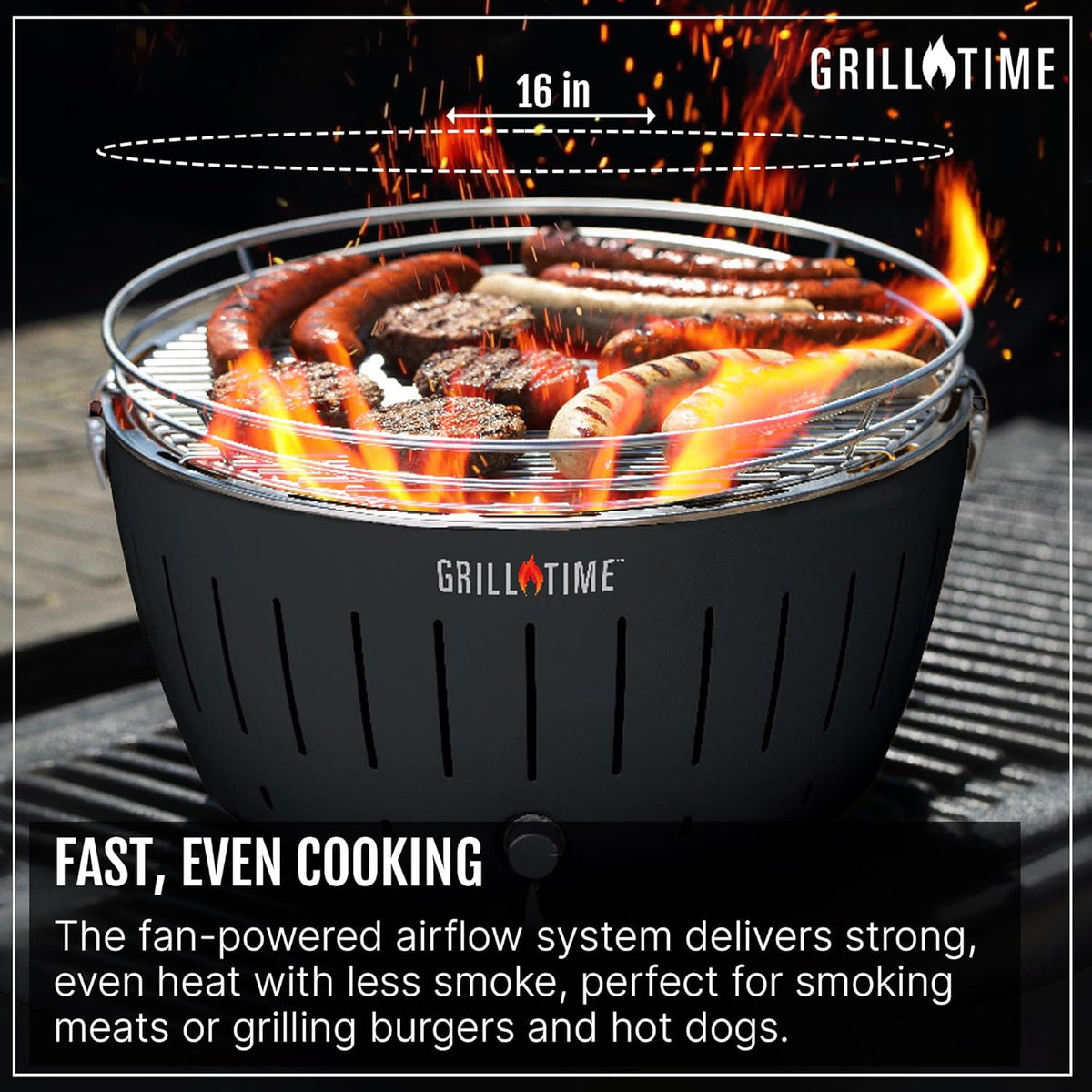 GrillTime Tailgater GTX Portable Charcoal Grill 16 Inch - Smokeless Tabletop Grill for Camping, Tailgate Parties, Beach BBQ, Travel - Blue
