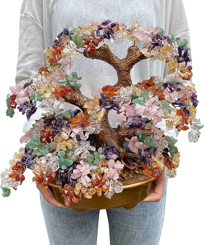 Feng Shui Money Tree Large Pine Tree Style Crystal Quartz Lucky Tree Gem Tree for Office Home Feng Shui Decoration for Wealth/Fortune and Luck (Multicolored)