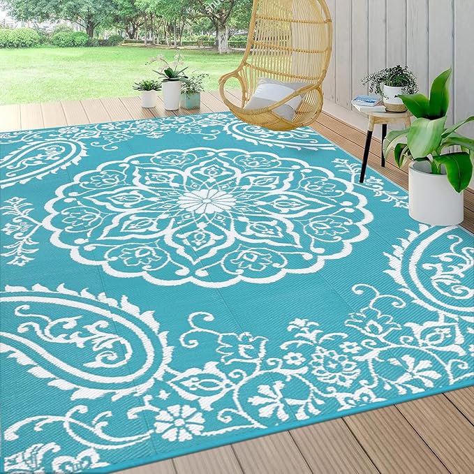 Pauwer Waterproof Outdoor Rug 9x12, Reversible Plastic Straw Patio Camping Rug, Indoor Outdoor RV Mat Carpet for Deck, Camper, Porch, Balcony, Backyard, Picnic, Boho Teal