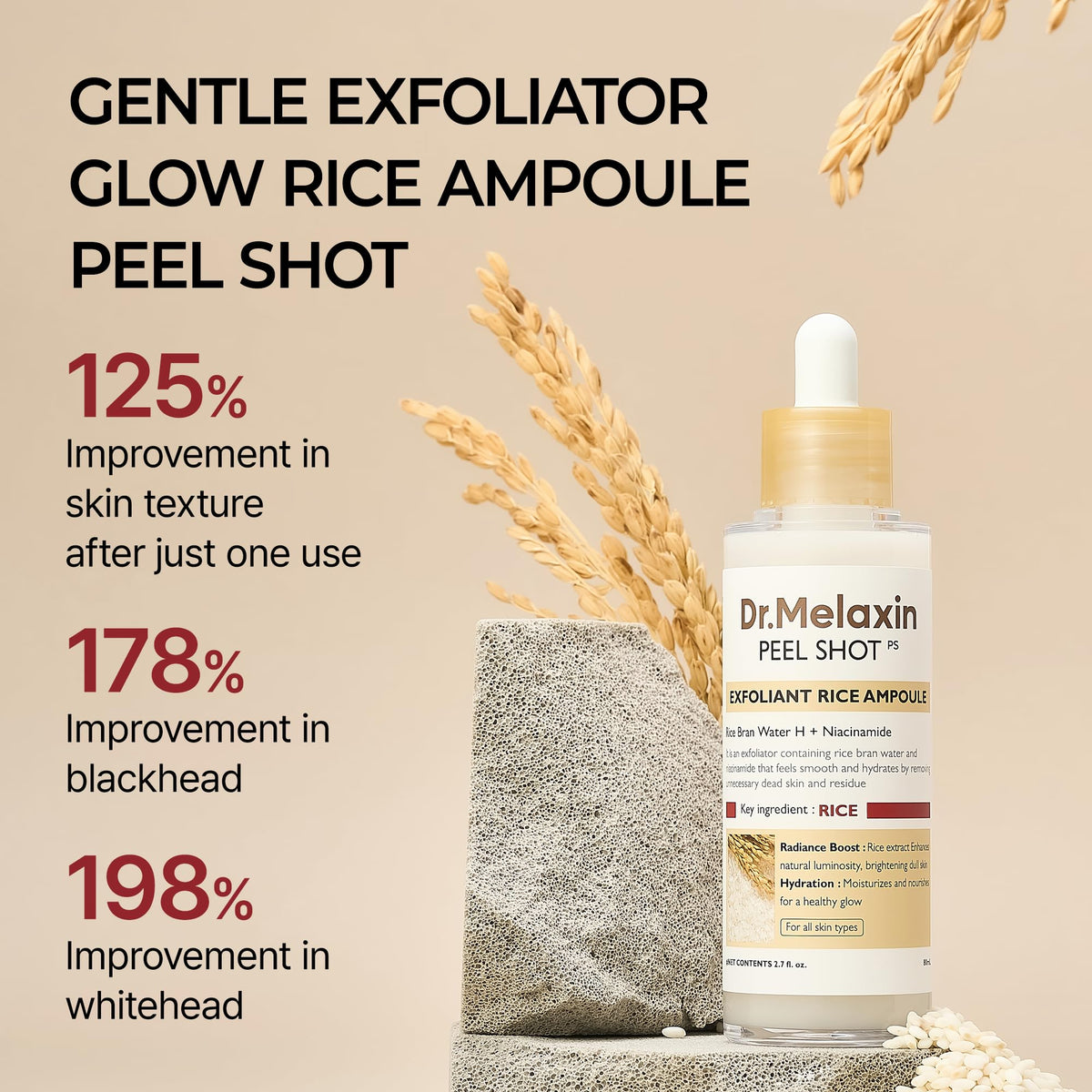 Dr.Melaxin Peel Shot Glow White Rice Peeling Ampoule with Rice Extract & AHA BHA, Brightening & Gentle Exfoliating Serum for Sebum Control, Niacinamide & Hyaluronic Acid, Korean Skincare, 2.71 fl.oz