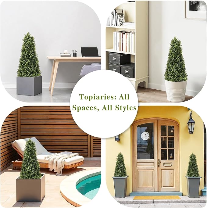 3ft Artificial Boxwood Topiary Trees (Set of 2) - UV Resistant Faux Plants Outdoor, Realistic 36in Fake Cone Bushes and Shrubs for Front Porch, Planter, Patio - Low Maintenance & Evergreen