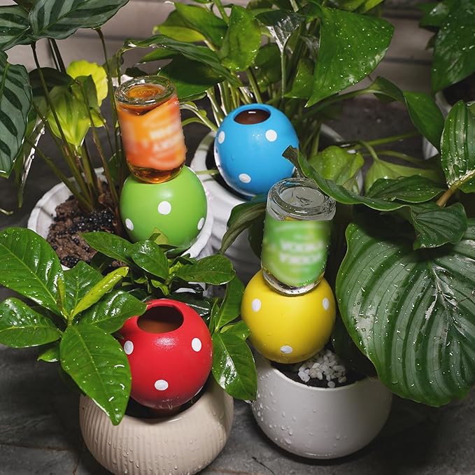 Terracotta Self Watering Spikes, 4 Pack Watering Globes for Indoor Outdoor Plants, Slow Release Plant Self Watering Planter Insert Devices for Travel, Vacation, Garden Care, Cute Small Ball Shape