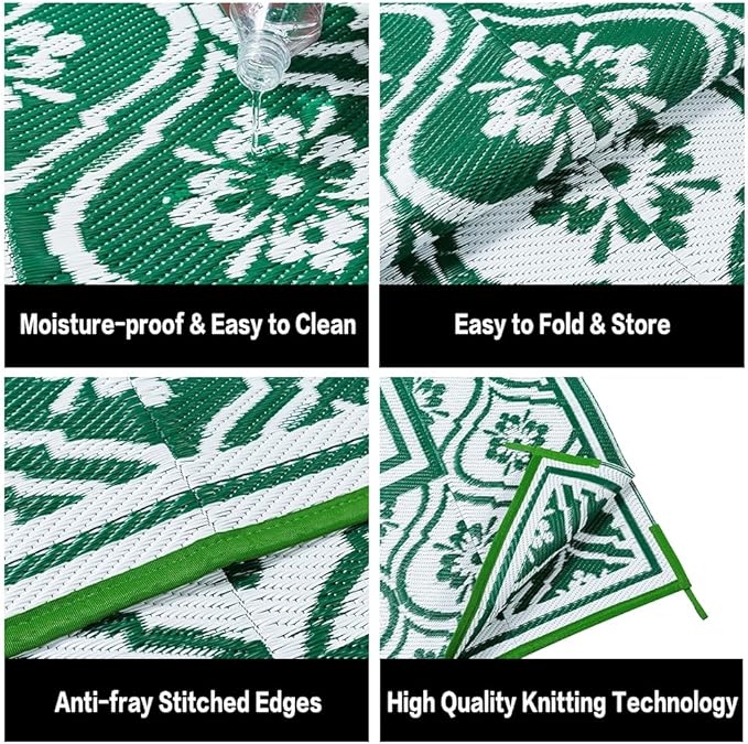 Outdoor Rug 8x10 Patio Waterproof Mat Camping Carpet Outside Area Rug Reversible Green Rugs for RV Deck Entryance Porch Picnic Balcony Beach