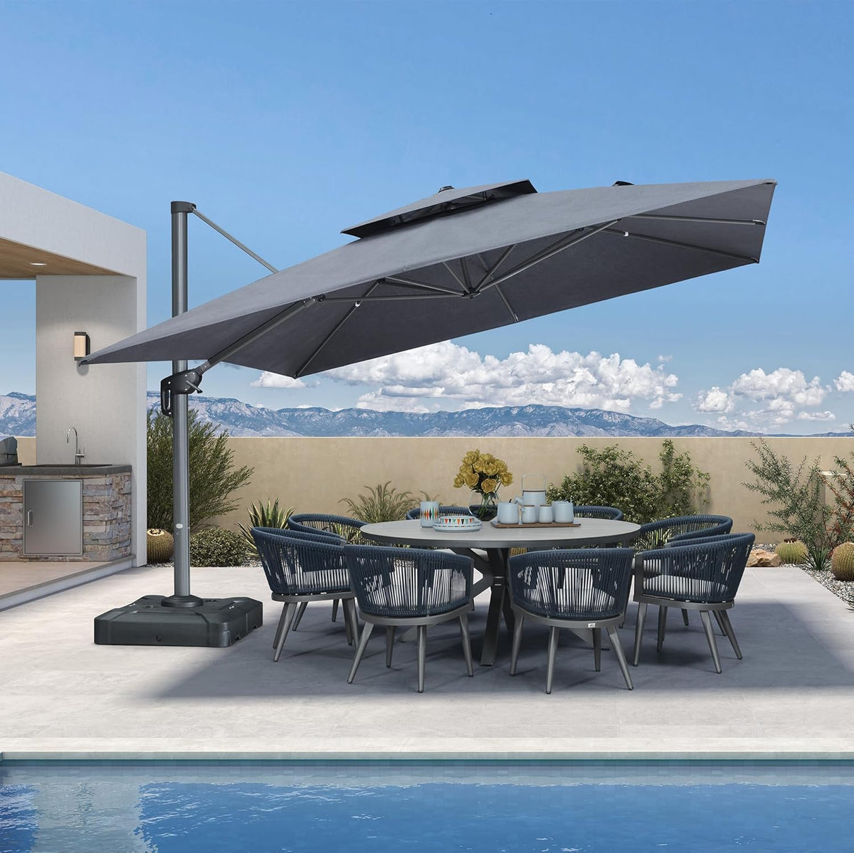 PURPLE LEAF Cantilever Umbrella 12FT Heavy Duty Large Double Top Offset Hanging 360° Rotation Square Umbrella for Garden Patio Deck Pool Backyard Cast Slate
