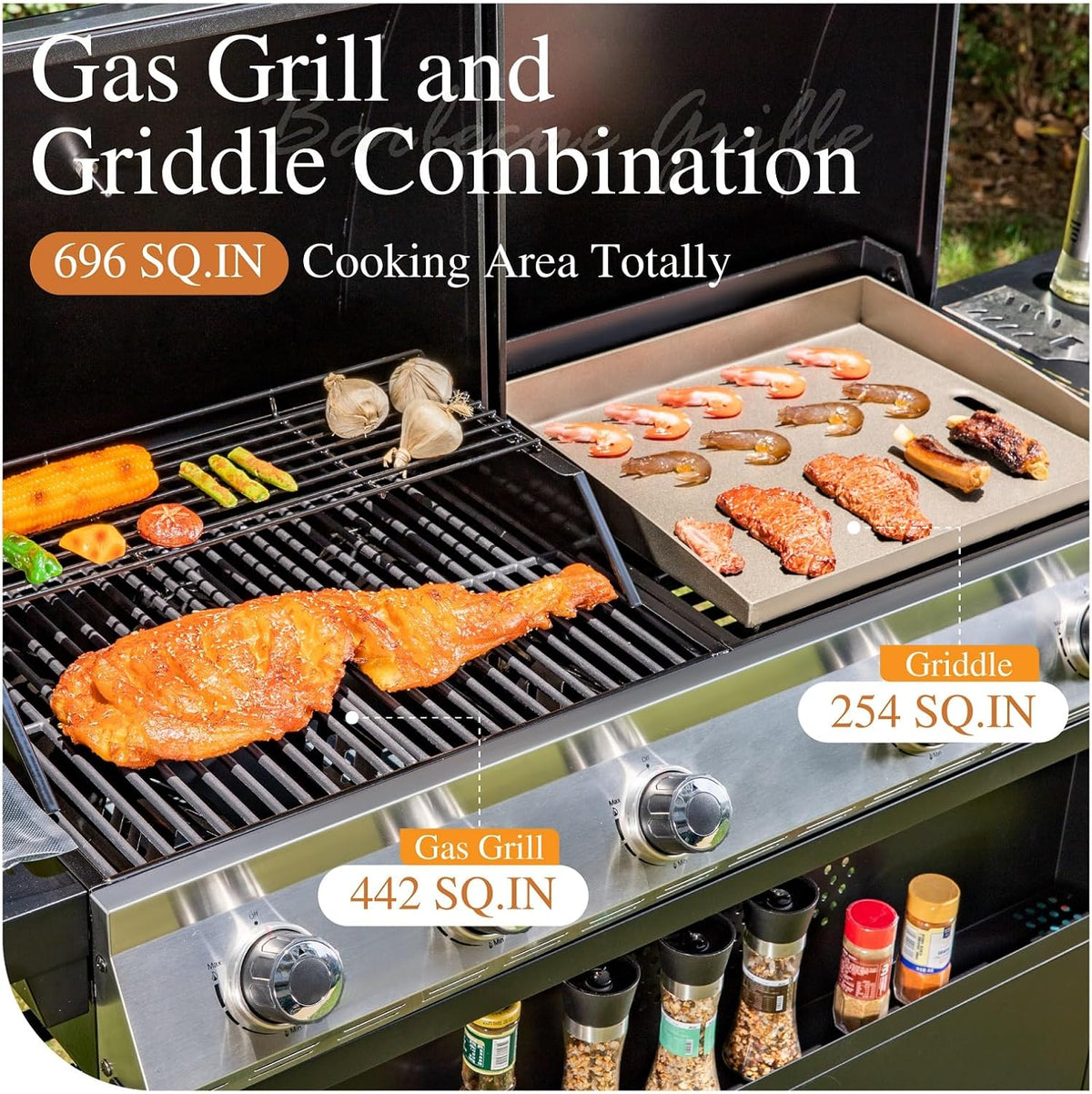 Sophia & William Propane Gas Grill and Griddle Combo with Porcelain-Enameled Cast Iron Grates, Dual Outdoor BBQ Grill with Flat Top Griddle for Barbecue, 696 SQ.IN. Cooking Area