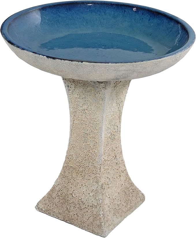 Sunnydaze Ceramic Bird Bath for Outside - 16" H - UV- and Frost-Resistant - Pedestal Bird Bath - Blue Glazed Bowl - White Lava Finish