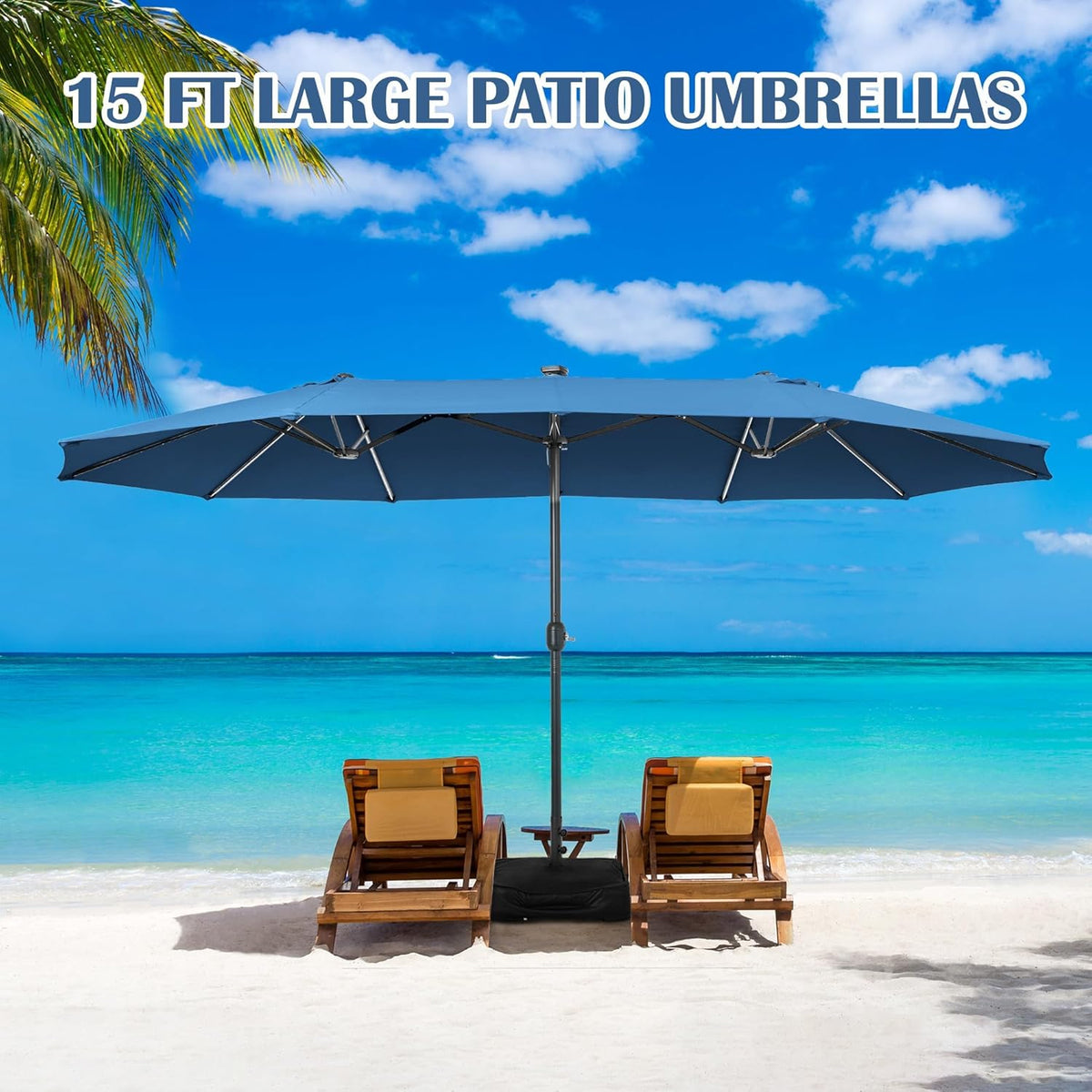 Sundale Outdoor Solar 144 LED 15 ft Patio Umbrella with Sandbag Base Included and Cover, Outdoor Double-Sided Umbrella, Navy
