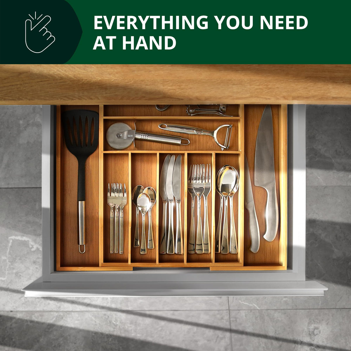 ROYAL CRAFT WOOD Luxury Bamboo Kitchen Drawer Organizer for Kitchen Organization - Silverware Organizer, Utensil Holder & Cutlery Tray Drawer Dividers for Flatware Silverware Storage, 9 Slot, Natural