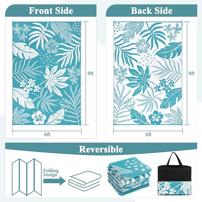 Pauwer Waterproof Outdoor Rug 6x9, Reversible Plastic Straw Patio Camping Rug, Indoor Outdoor RV Mat Carpet for Deck, Camper, Porch, Balcony, Backyard, Picnic, Floral Teal