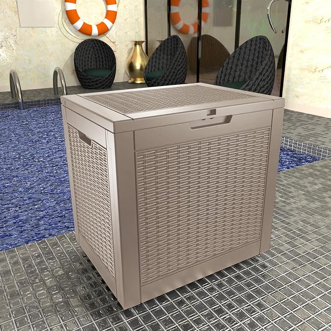 31 Gallon Outdoor Deck Box,Storage Lockable Waterproof Patio Furniture,Garden Tools,Cushions,Pool Accessories Outside Storage Resin Box(Grey)