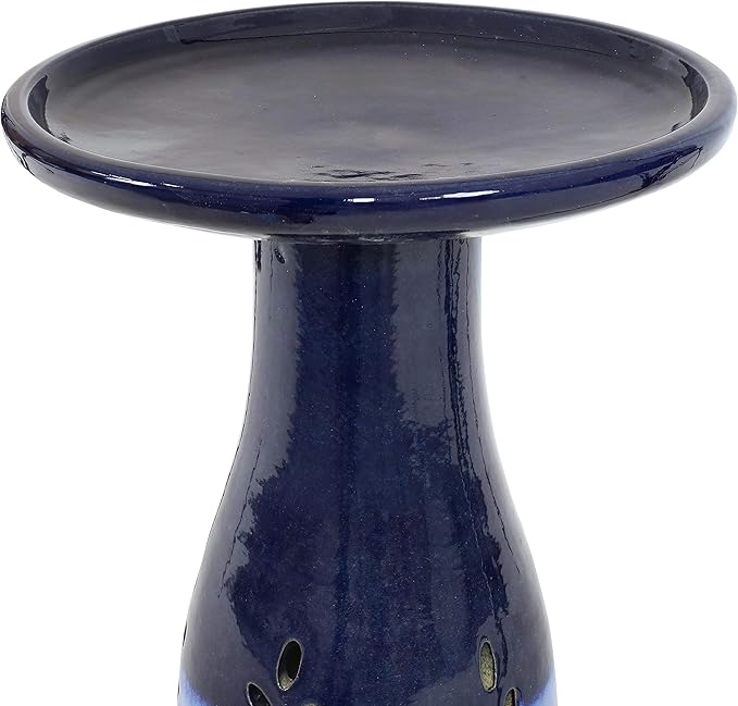 Sunnydaze 21" H Ceramic Bird Bath for Outside - Hand-Painted Outdoor Bird Bath Bowl, UV/Frost-Resistant Finish - Dark Blue - Cut Out Pedestal