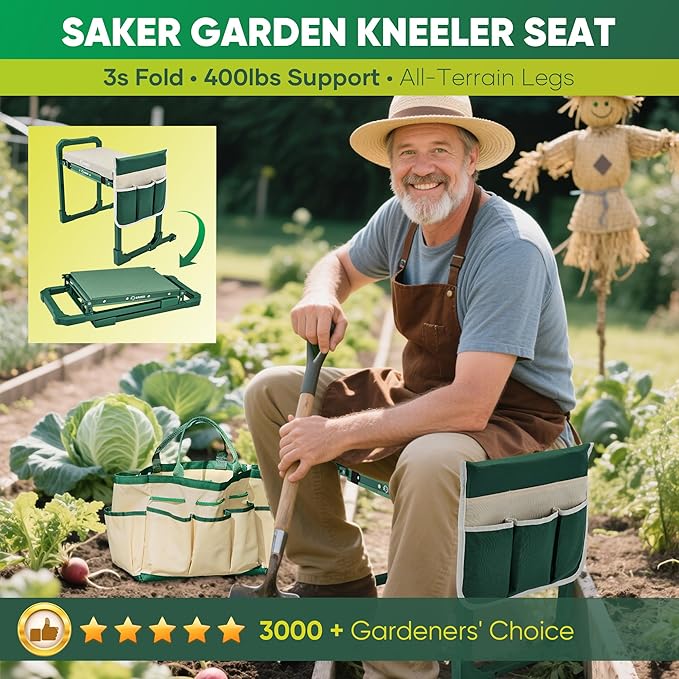 Saker Garden Kneeler and Seat Foldable Gardening Stool with Extendable Legs & Thickened Pad, Tool/Storage Bag, Heavy Duty Support for Elderly, Gardening, Outdoor Use