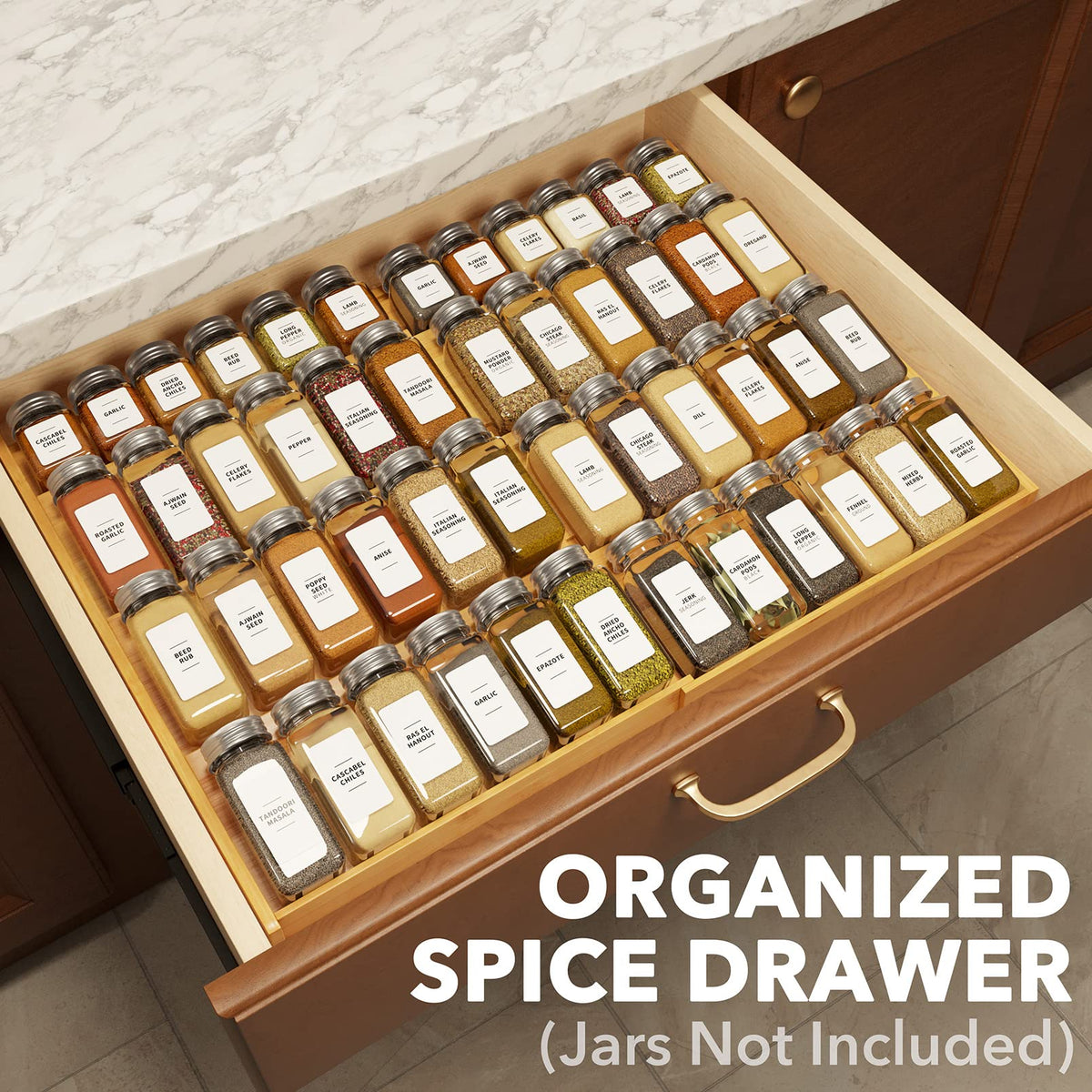SpaceAid Bamboo Spice Drawer Organizer, (Need 3" Deep Drawer) Expandable 4 Tier Spices Rack for Cabinet, Kitchen Seasoning Storage Insert (Jars Not Included, From 12" to 23" Wide)