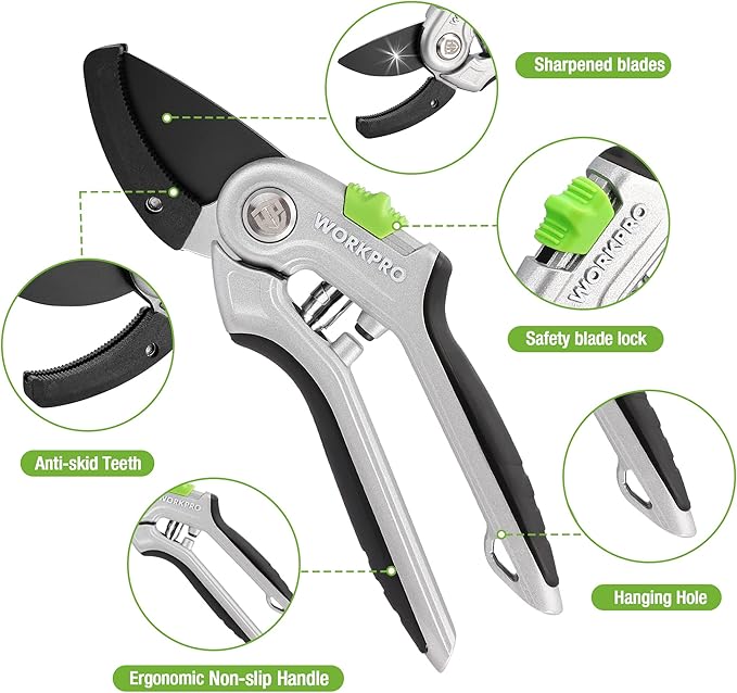 WORKPRO Garden Anvil Pruning Shears, 8" Pruning Scissors Heavy Duty with Ergonomically Design Handle, Labor-Saving Garden Clippers Hand Tools for Thick Dry branches and Dead Plants