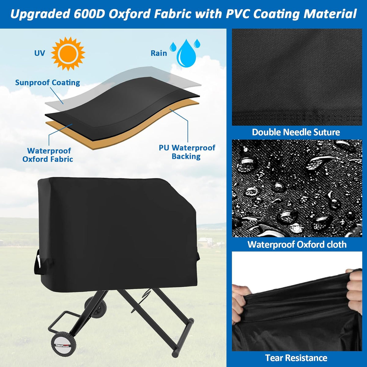 Griddle Cover for Royal Gourmet PD3001 3-Burner Propane Gas Griddle with Collapsible Stand, 600D Heavy Duty Wateproof UV Protected Cover for Scissor Legs Griddle, 44" x 24" x 30"
