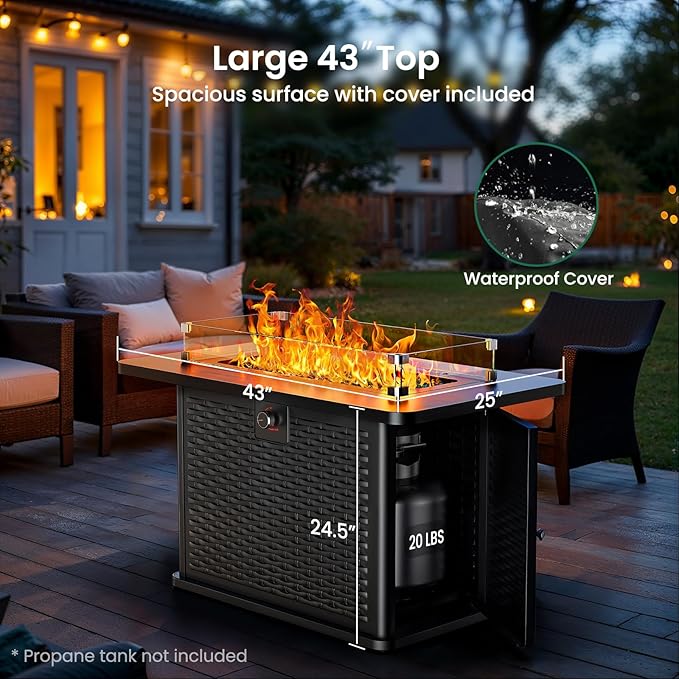 Ciays 43-Inch Rectangular Propane Fire Pit with 60,000 BTU Output, Fire Pit Table Premium Gas for Outside Patio with 304 Stainless Steel H-Burner, Glass Stones, and Wind Guard,Black