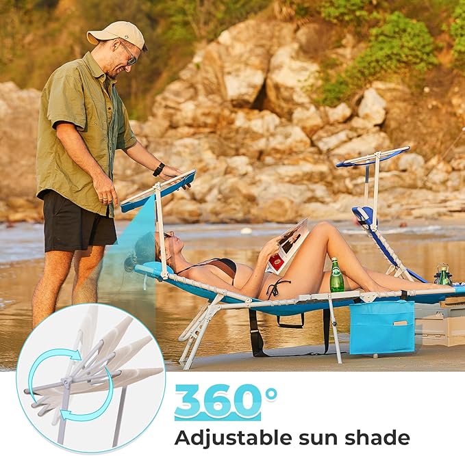 #WEJOY 4 in 1 Tanning Chair with Face Hole & Canopy & Side Table, 5 Positions Adjustable Folding Waterproof Facedown Chaise Lounge with Pillow Quick Dry for Beach Pool Outdoor Camping Patio (Khaki)