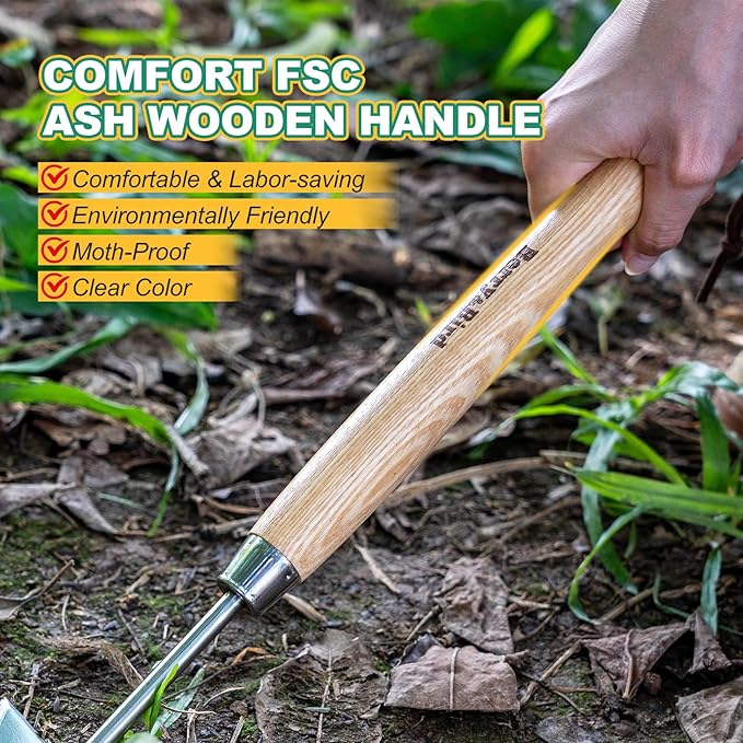 Berry&Bird Triangle Hand Hoe, 15.2'' Winged Weeder Garden Hoes with Short Wood Handle, Gardener Stainless Steel Warren Hoe, Garden Weeder Hoe Tool for Quickly Weeding, Edging and Gardening Tools