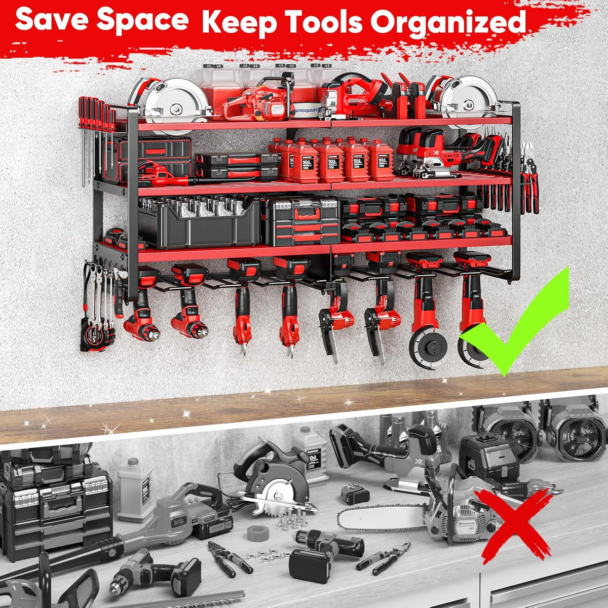 Upgrade Large power tool organizer Wall Mount,4 Layers Heavy Duty Metal Loads 400lbs Power Tool Hanger Shelf Battery Storage with 8 Cordless Drill Bit Holder,Utility Racks for Garage Tool Room