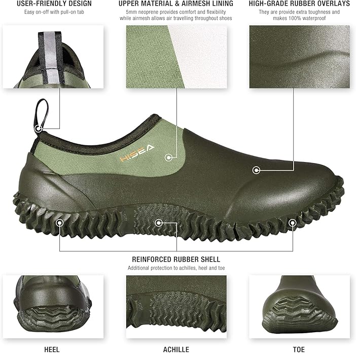 HISEA Unisex Waterproof Garden Shoes, Men's Rubber Rain Boots Women's Ankle Rain Shoes Neoprene Camp Booties Outdoor Slip-On Footwear for Gardening, Farming, Camping, Car Wash, Lawn Care and Yard Work