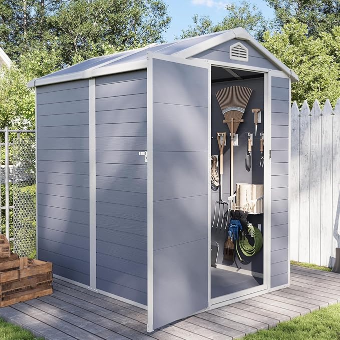 Aoxun 6.3 X 4.2 FT Resin Storage Shed Outdoor Plastic Large Garden Shed with Lockable Door, Floor for Backyard, Garden, Patio, Lawn, Grey (Grey, 6.3 x 4.4)