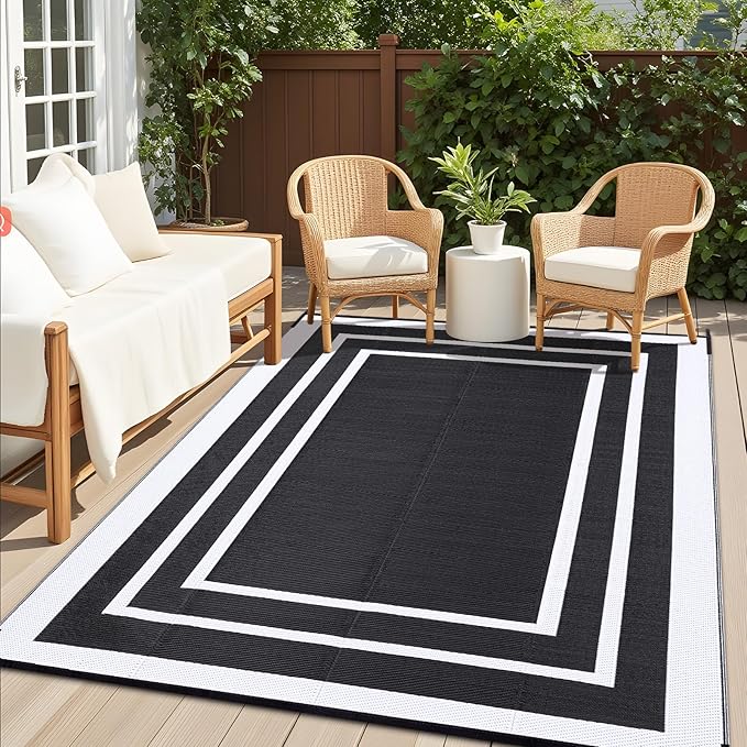 OLANLY Outdoor Rug 6x9 ft Waterproof, Reversible Outdoor Plastic Straw Rug, RV Mat, Indoor Outdoor Carpet Clearance for Patio, Camping, Balcony, Deck, Backyard, Black & White