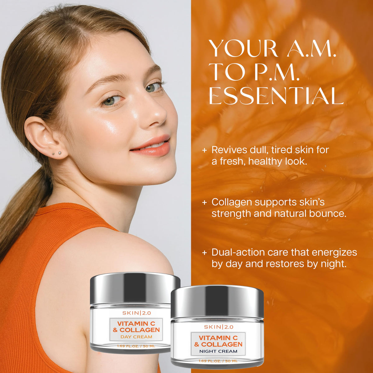 Skin 2.0 Vitamin C & Collagen Face Moisturizer – Anti Aging Day & Night Cream for Smooth & Radiant Skin, Firms & Restores Dull Complexion – Dermatologist Tested, Korean Skin Care Set, Vegan – Duo Pack