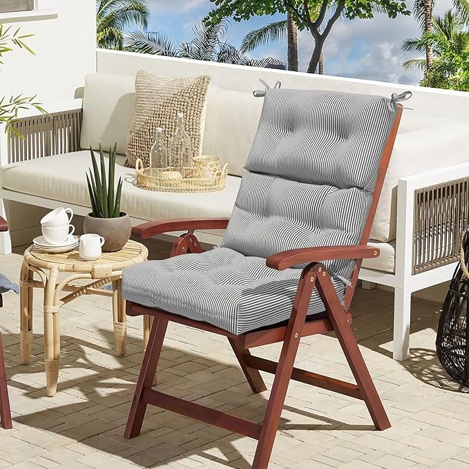 LVTXIII Outdoor 44x22-inch High Back Chair Cushions, Patio Solid Tufted Adirondack Chair Seat Cushions, Seasonal Replacement Rocking Chair Cushion with Ties, Set of 2, Strip Grey