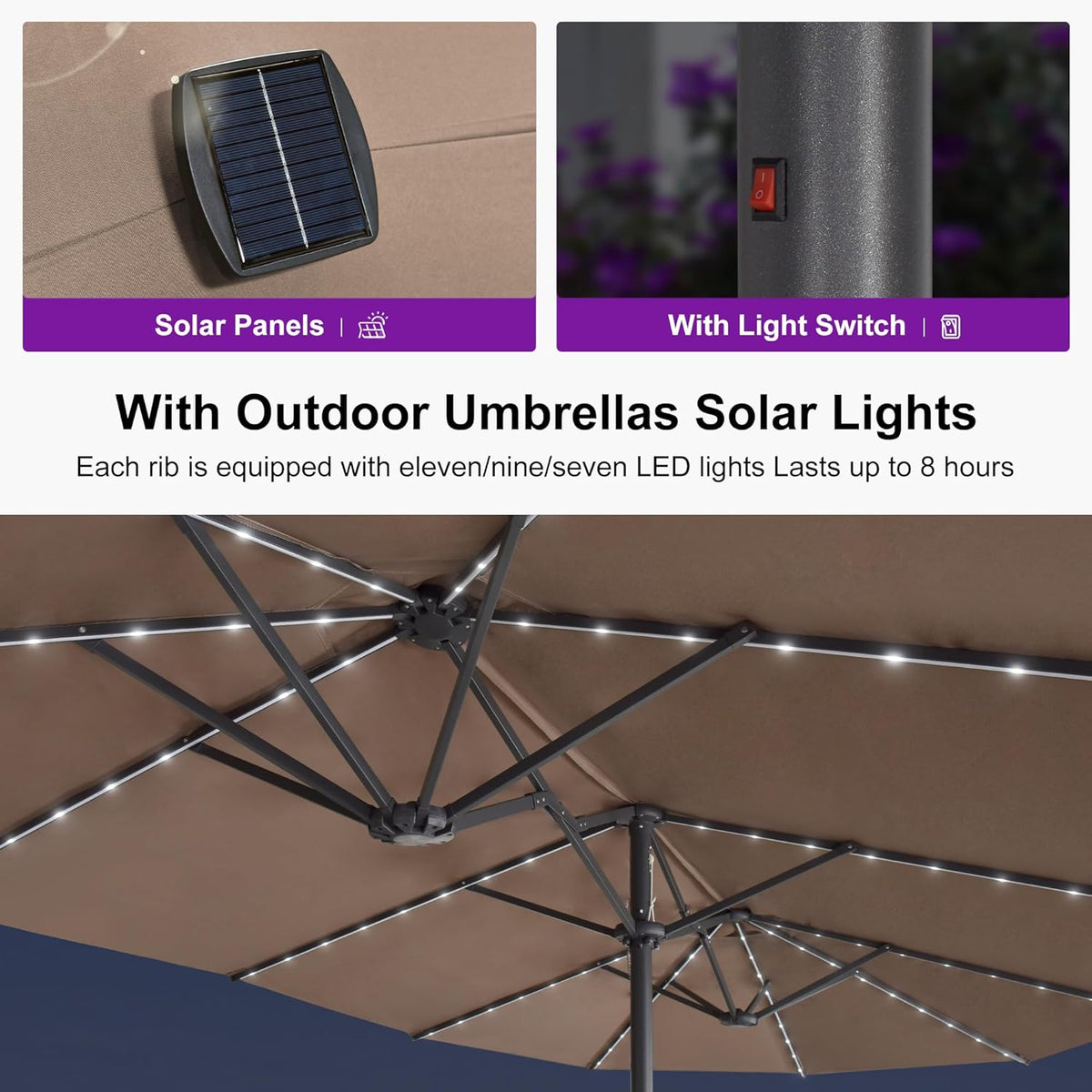 PURPLE LEAF 14ft Patio Umbrella with Solar Lights Outdoor Double-Side Market Umbrella with Base Included Rectangle Table Umbrella for Pool Garden Backyard, Taupe