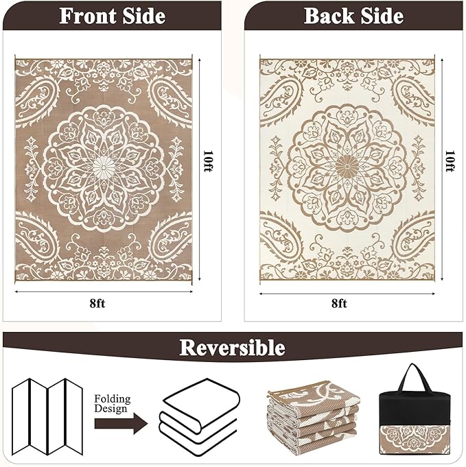 Pauwer Waterproof Outdoor Rug 8x10, Reversible Plastic Straw Patio Camping Rug, Indoor Outdoor RV Mat Carpet for Deck, Camper, Porch, Balcony, Backyard, Picnic, Boho Brown