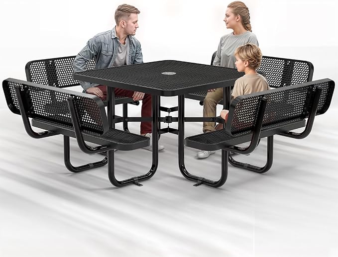 Metal Picnic Tables for Outdoors with Umbrella Hole - Coated Steel Heavy Duty Commercial Grade Table with Adjustable Seats (Black, 46 in, Square with Back, Expanded Steel)