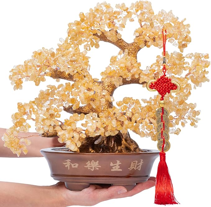 Natural Large Citrine Tree,14"Feng Shui Money Tree(1251 Gemstone Count)Citrine Crystal Tree for Abundance Prosperity Success Fortune Decoration Tree Bonsai for Home & Office Good Luck Wealth