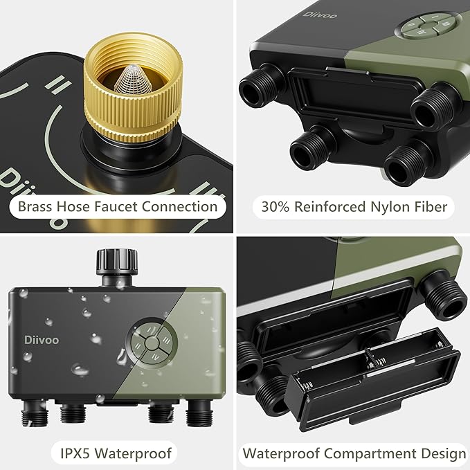 Diivoo WiFi Water Timer 4 Outlets with Brass Inlet, Smart Sprinkler/Hose/Tap Timer Compatible with Alexa & 24 Irrigation Plans & Rain Delay, Garden Watering Systems Controller with 2 Watering Modes