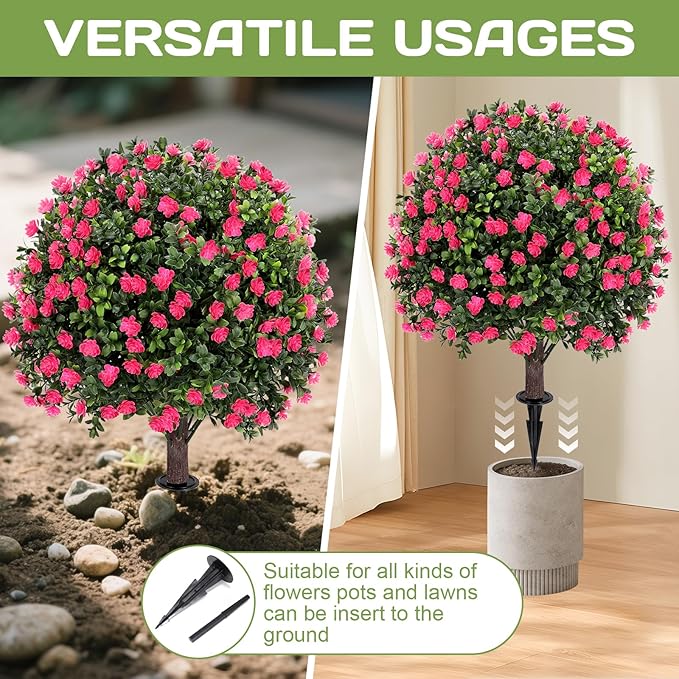 Artificial Pink camellia Topiary Ball Tree 25" with Ground Spike, Set of 2 Artificial Boxwood Bushes for Faux Shrubs, Fake Evergreen Faux Plant for Indoor Outdoor Garden -UV Resistant–Fade-Proof