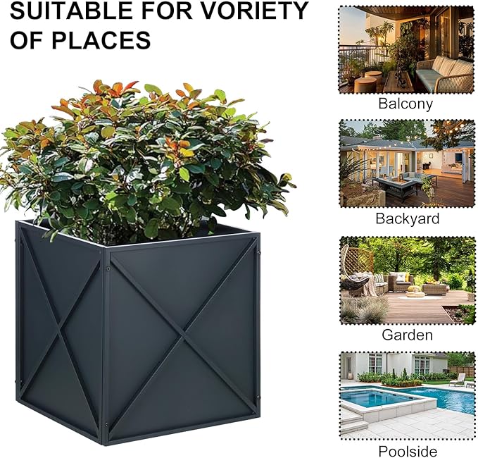 SUNNYPARK Large Metal Planter Box 17”x 17”x 18”, Square Modern Grey Metal Planter Box Heavy Duty with Drainage Holes for Outdoor Garden Patio