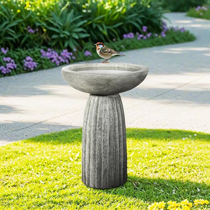 SunJet Modern Bird Bath, 24.4inches Height Fibre-Reinforced Concrete Birdbath with Textured Pedestal for Outdoor Garden, Yard, Lawn Decor