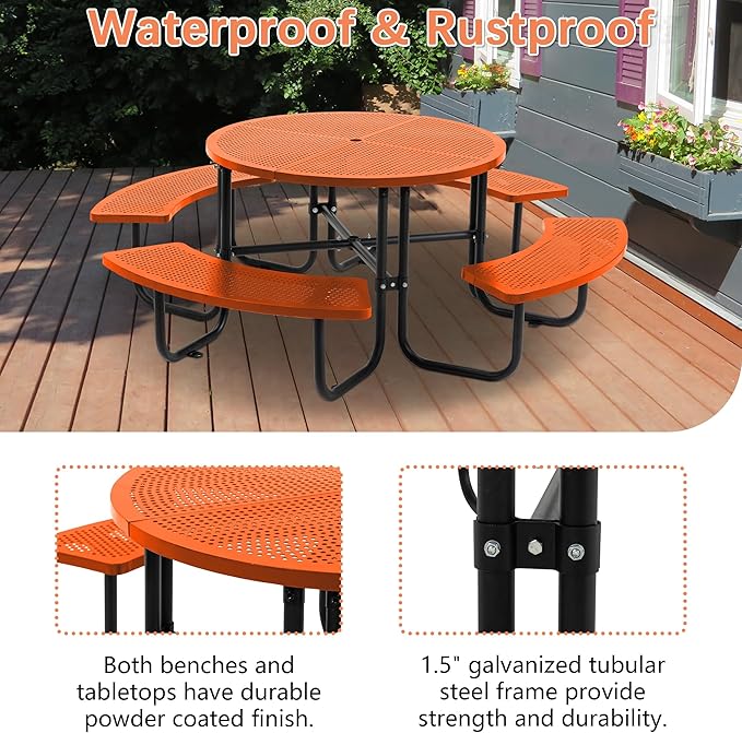 46'' Steel Round Picnic Table for Outdoors, Expanded, Lifetime Picnic Table with Umbrella Hole, Heavy Duty Sturdy Commercial Picnic Tables for Garden Courtyard BBQ, Orange