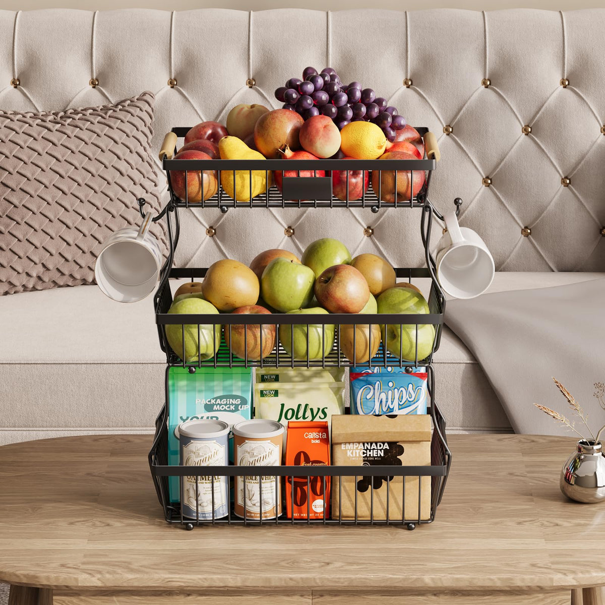 Astrorhine 3 Tier Fruit Basket for Kitchen Counter with 2 Banana Hangers, Countertop Metal Fruit Bowl with Wooden Handle, Large Storage Stand for Vegetables, Snacks, Breads, Produce Storage – Black