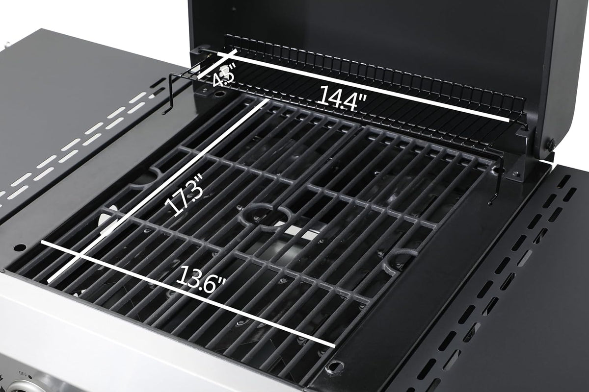 2-Burner Propane Gas BBQ Grill with SS Plancha, 24,600 BTU Output, Wire Enamel Cooking Grids, Foldable Side Table and Hanging Basket, Compact Stainless Steel Grill