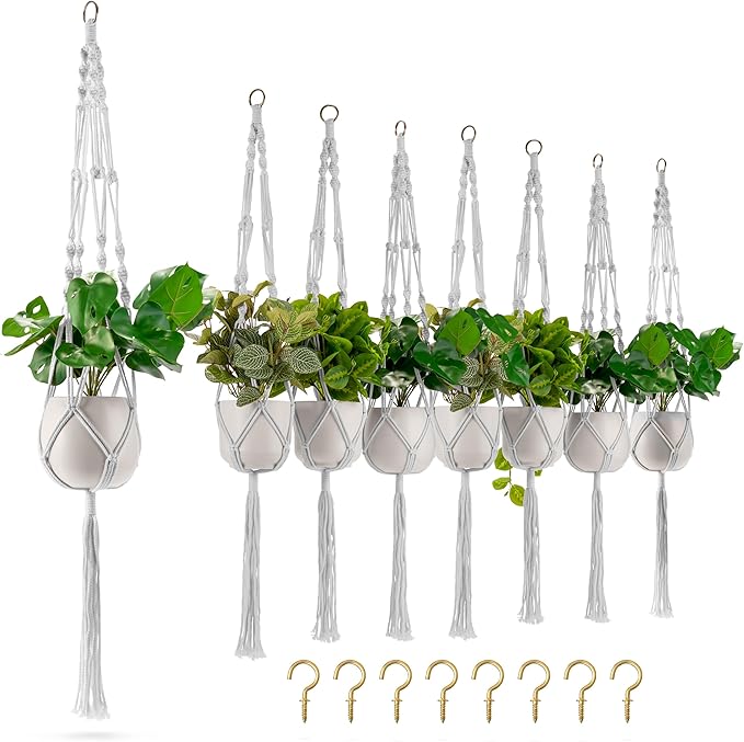 Sorbus Macrame Plant Hanger (8 Pack) Indoor Outdoor Hanging Plant Pots Cotton Rope, Elegant for Home, Patio, Garden (White)
