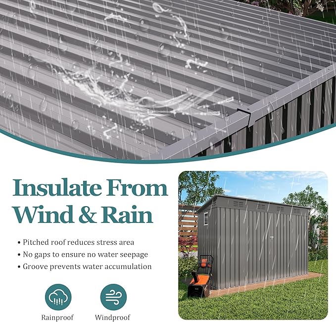 4 * 9.2 * 6 FT Outdoor Storage Shed, Galvanized Steel Garden Shed with Lockable Door & Window, Waterproof Metal Tool Storage for Garden, Backyard, Patio, Lawn(Gray)