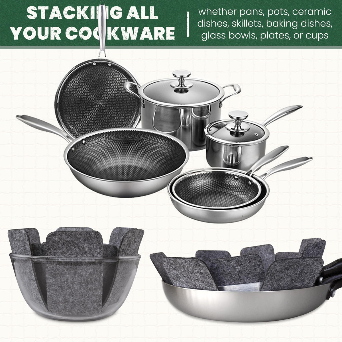KITLAB Pot and Pan Protectors, Set of 12 and 4 Different Sizes